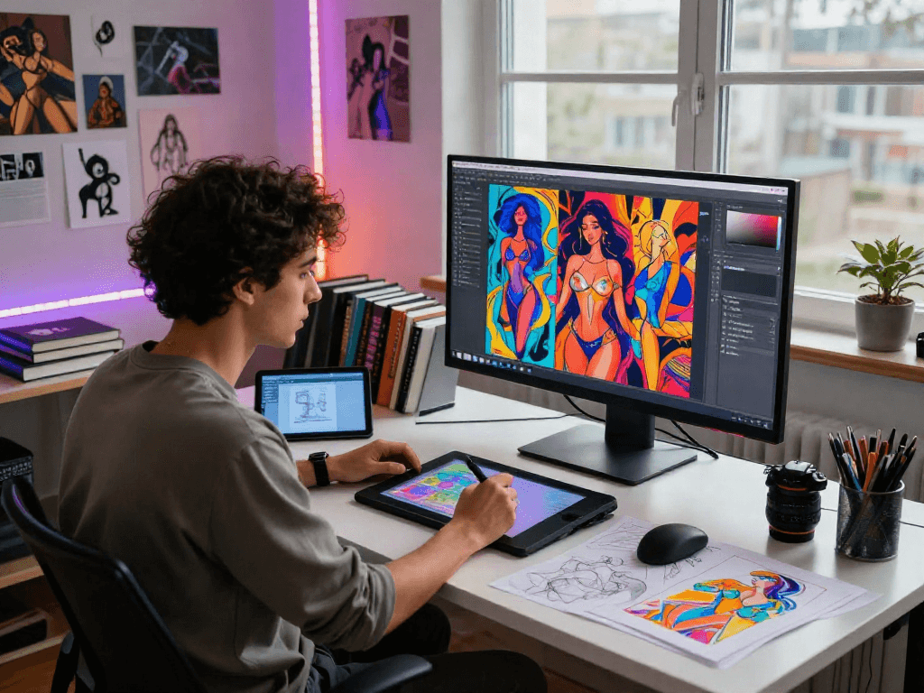 Creative professional working on NSFW AI art project in a dynamic digital environment filled with vibrant sketches and ambient lighting.