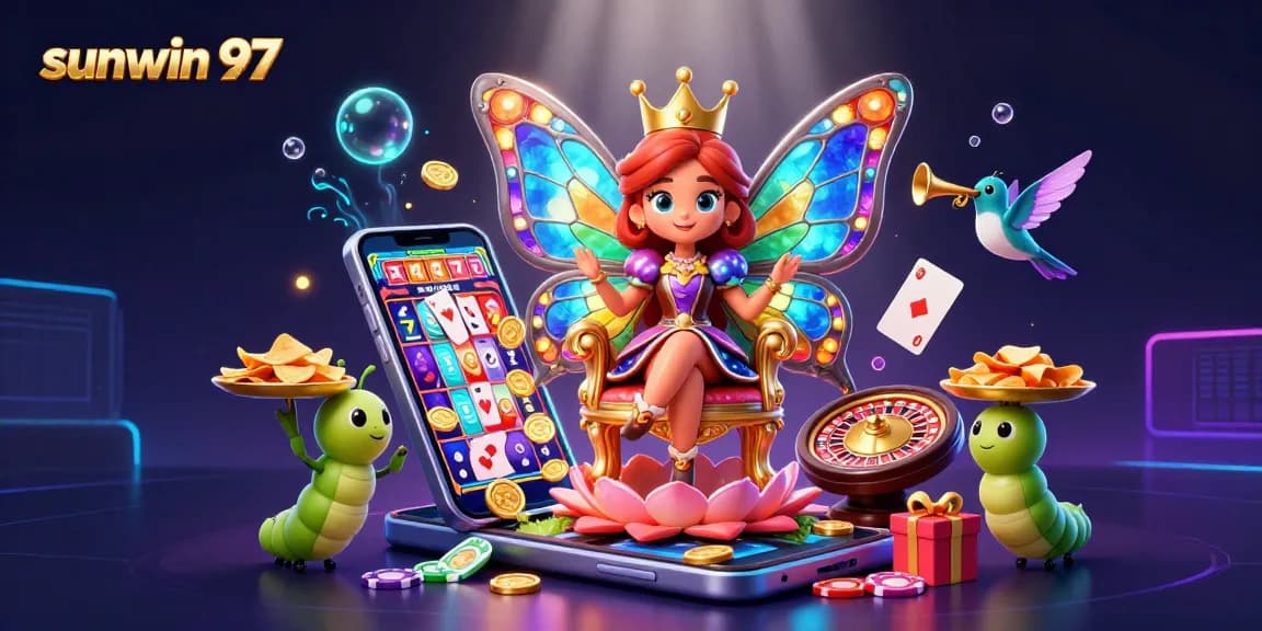 Win big at sunwin 97 with a captivating casino scene showcasing vibrant 3D characters and games.