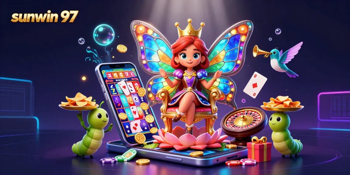 Win big at sunwin 97 with a captivating casino scene showcasing vibrant 3D characters and games.