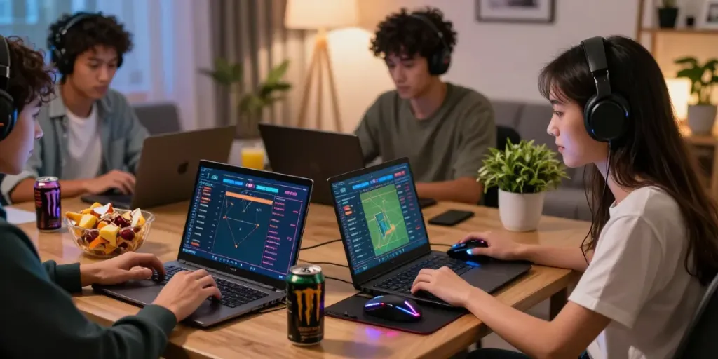 Sleek gaming setup at https://1da88.it.com/ with diverse players engaged in online sports betting.