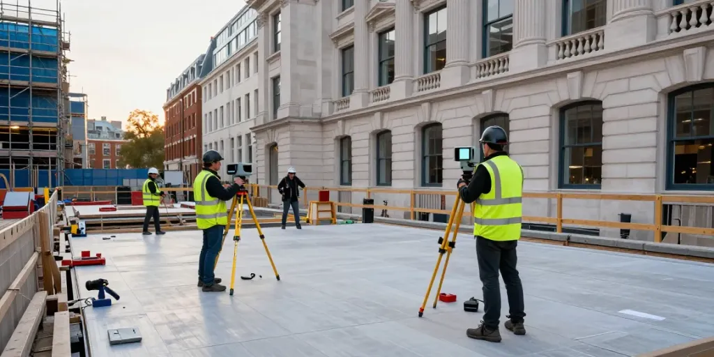 Measured Building Survey Surrey in action with surveyors capturing details on a London site, blending modern tools and historic architecture.