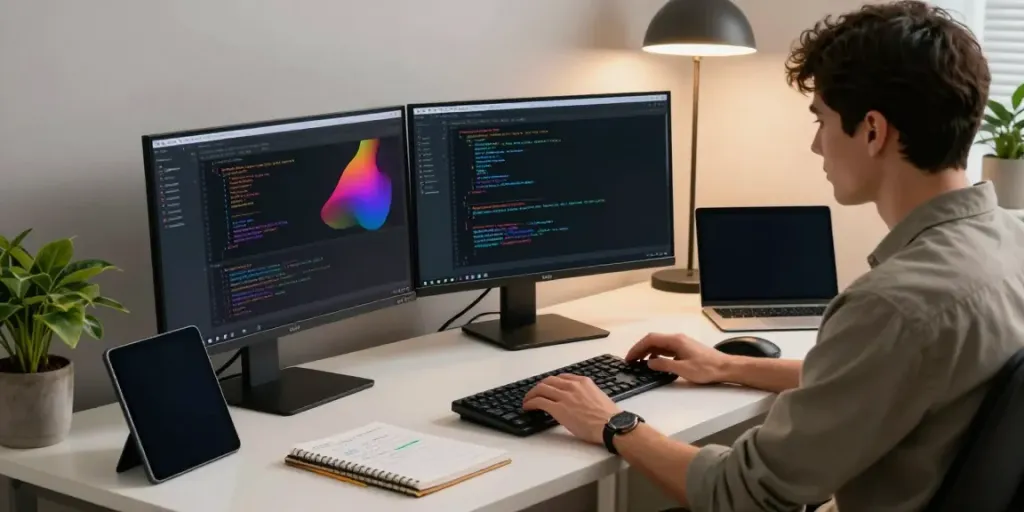 Web developer coding an instant indexing tool at a modern office setup.