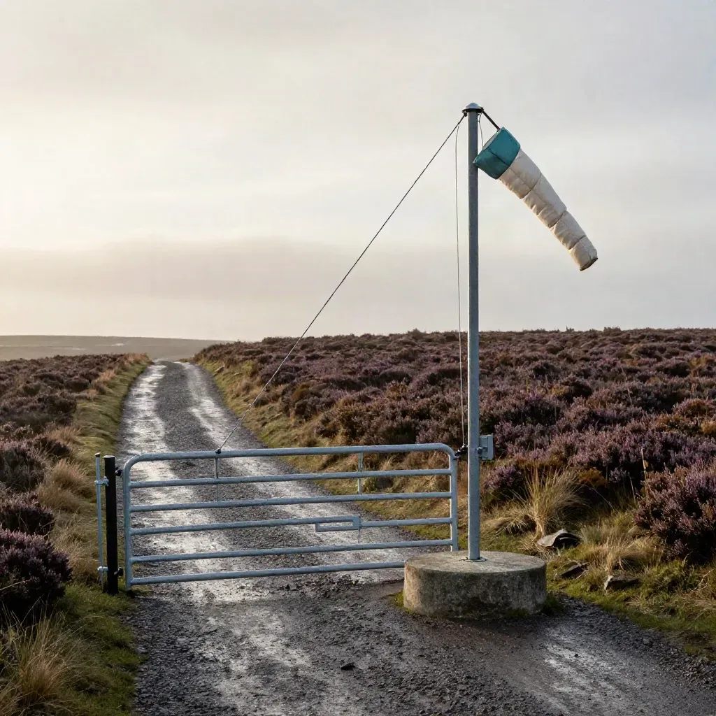 Weather mast, windsock pole, open gate and turbine foundation on a misty moorland verge.