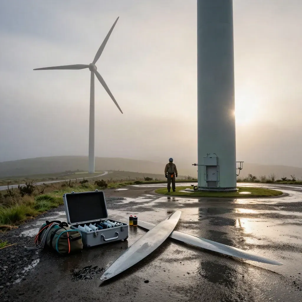Wind turbine base at dawn with service kit, mist, and wet concrete after rain.