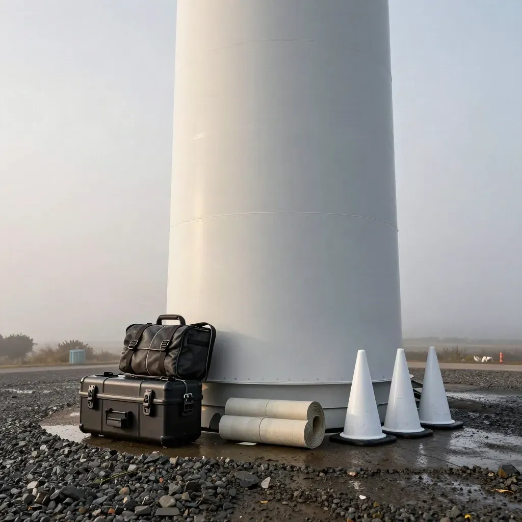 Low-angle turbine inspection setup with drone case, rope-access bag and safety cones by a white tower base.