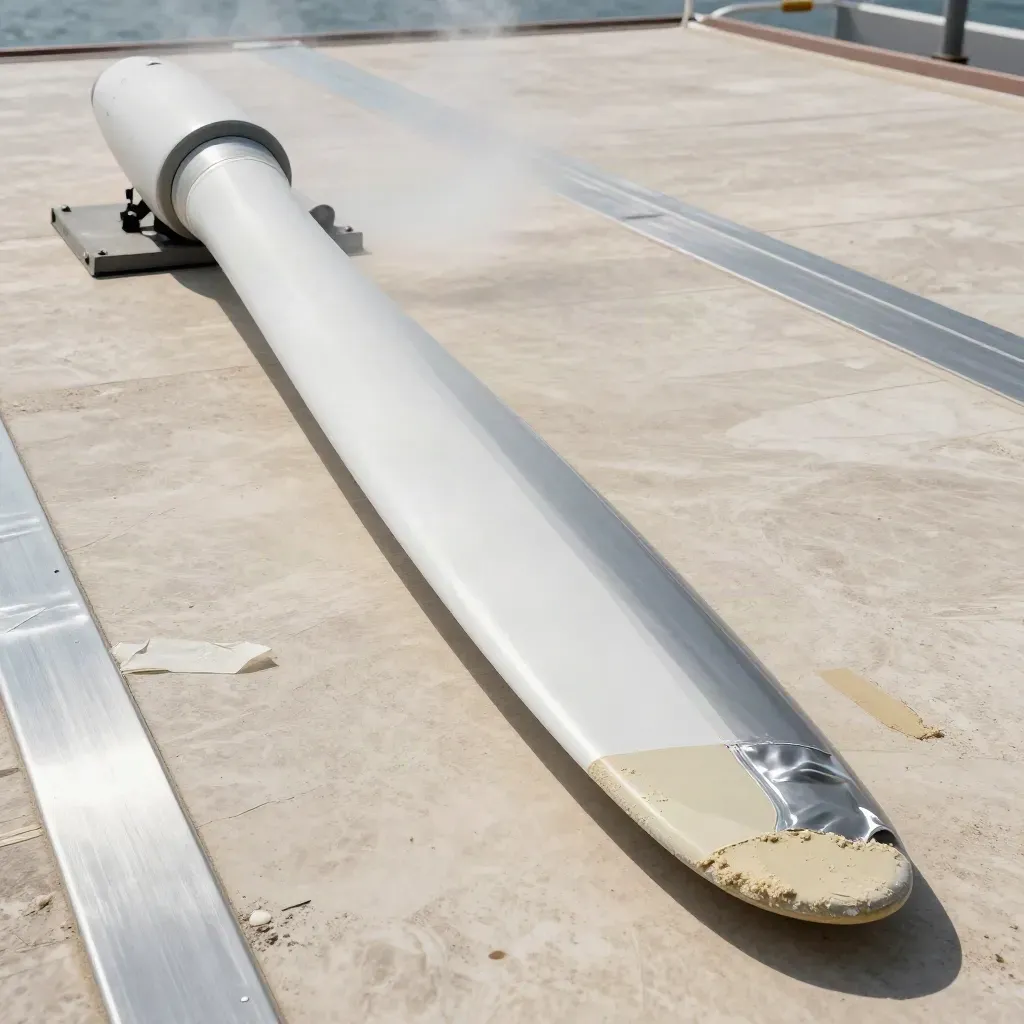 Turbine blade repair with curing wrap, resin tins and salt haze on a service platform.