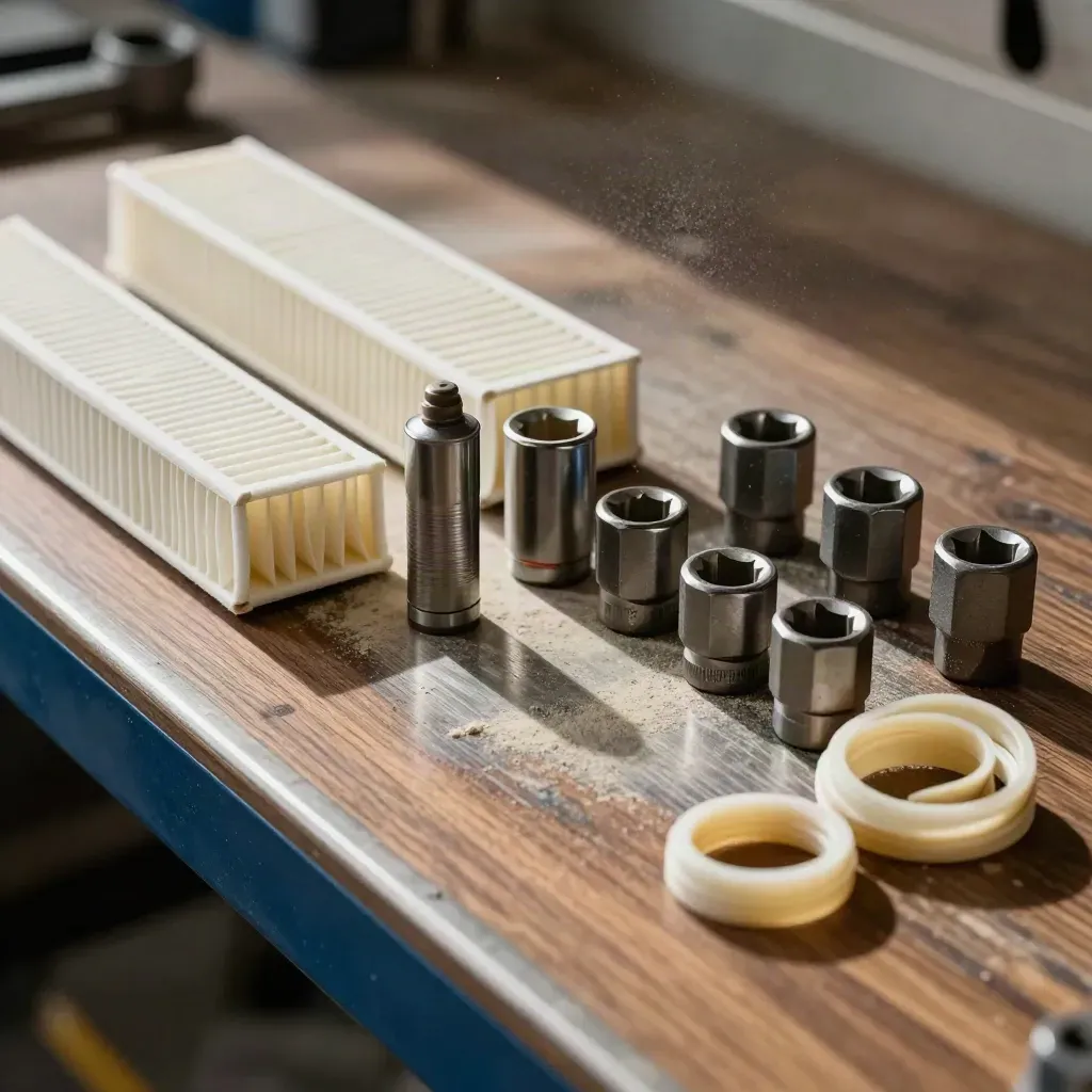 Turbine maintenance kit laid out on a workshop bench beside an open bay.