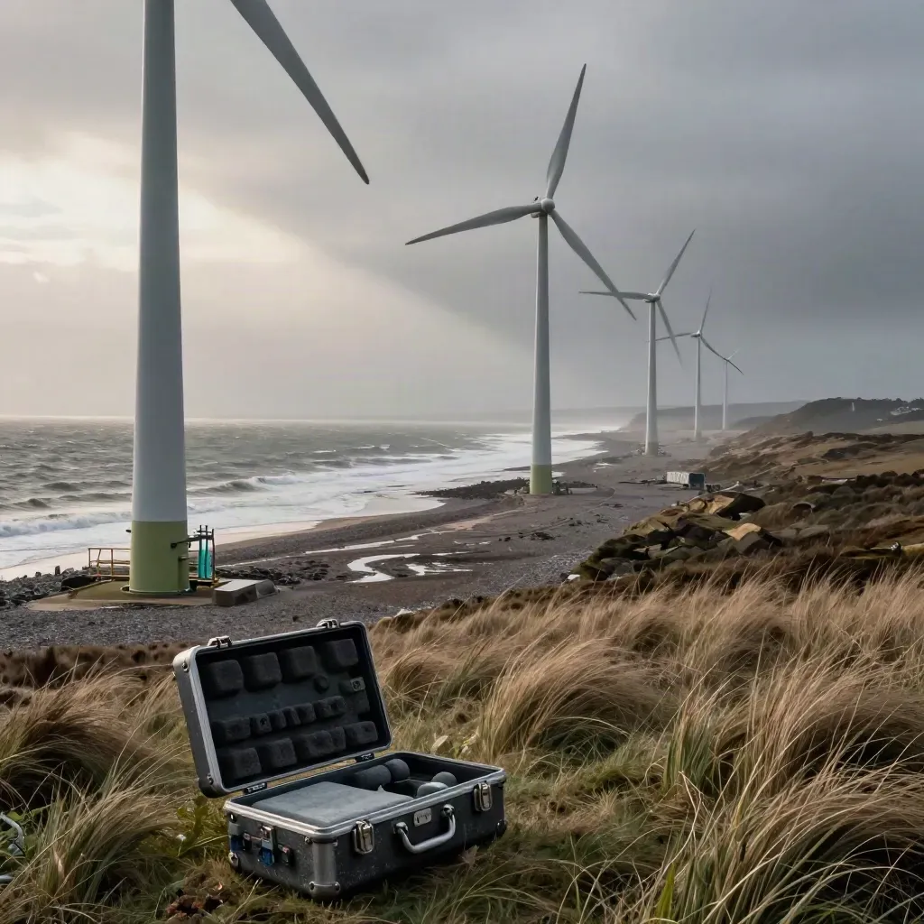 Diagonal coastal turbines with weather mast and survey case, sea spray, low cloud, raking light.