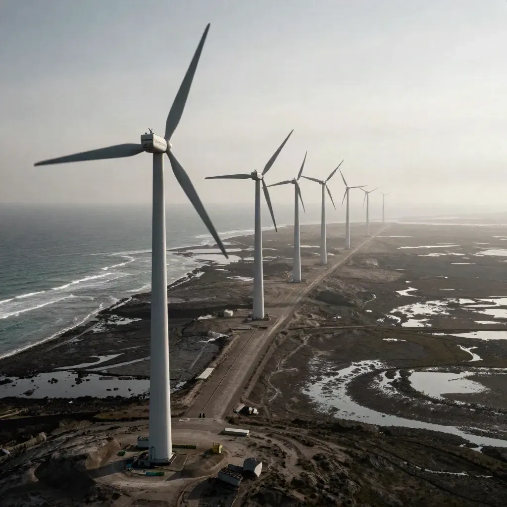 Coastal wind turbines over saltmarsh, wake-loss pattern visible in haze