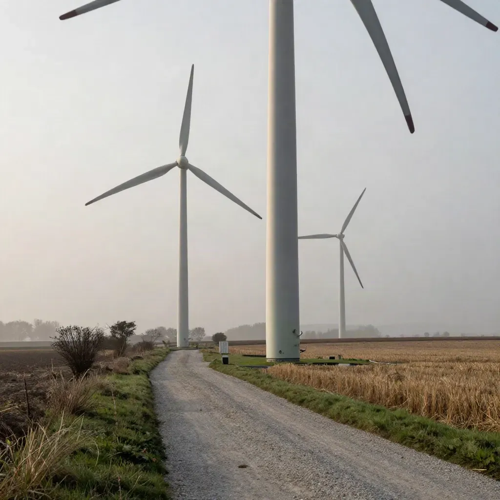 Two wind turbines with fresh blade repairs spinning above misty cut fields and a tidy service track.