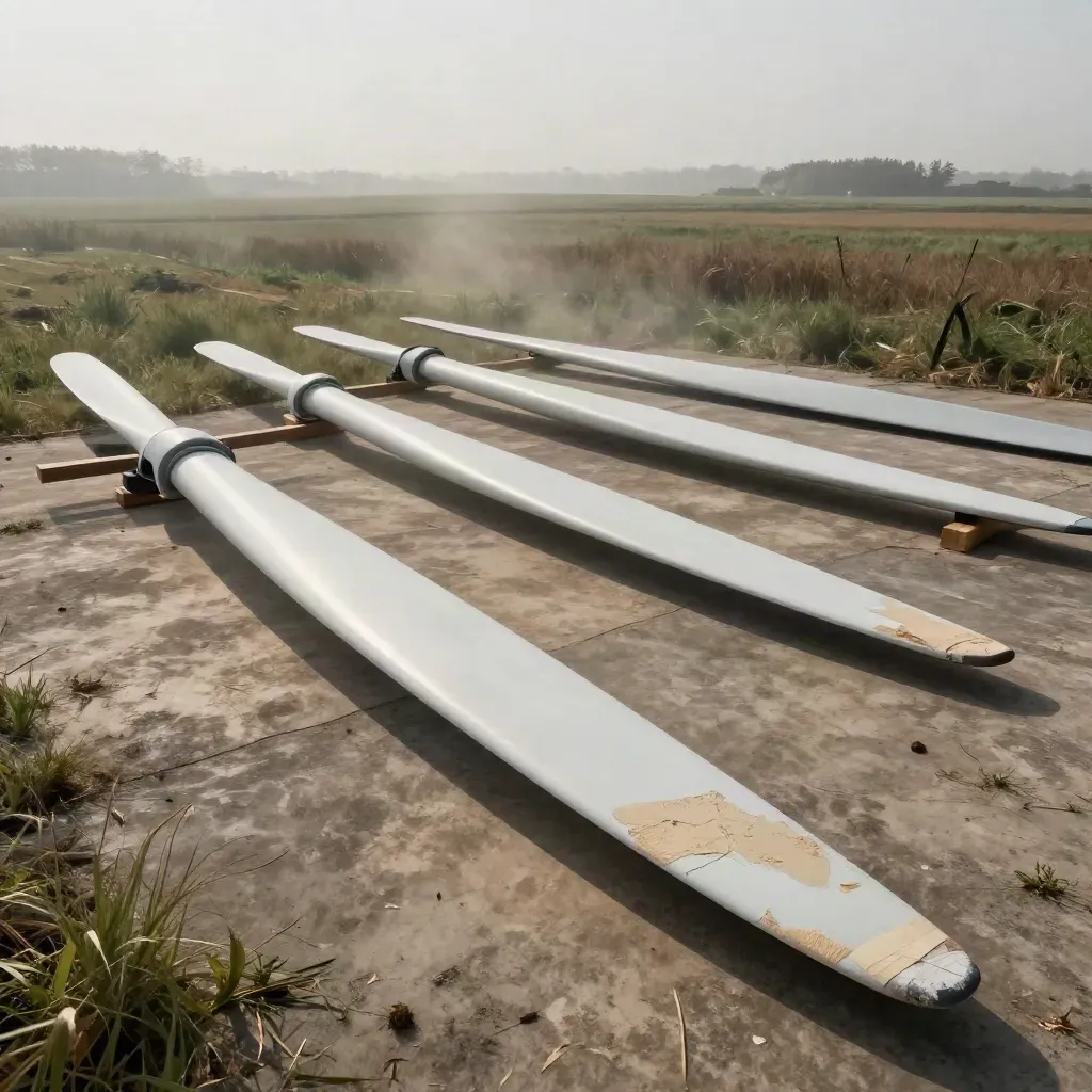Three wind turbine blades in different repair stages crossing a hazy pasture laydown pad.