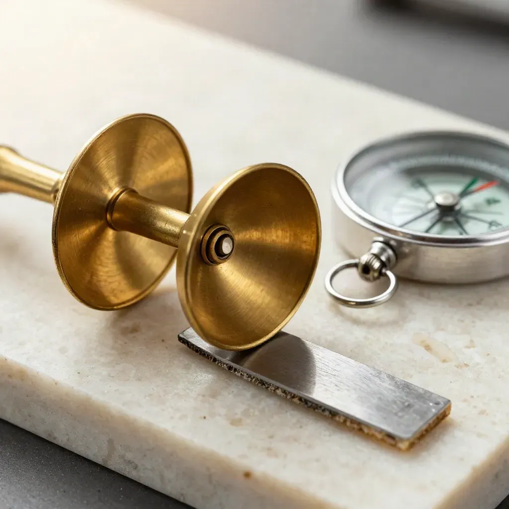 Macro of brass anemometer cups, compass and blade sample on travertine in workshop dust