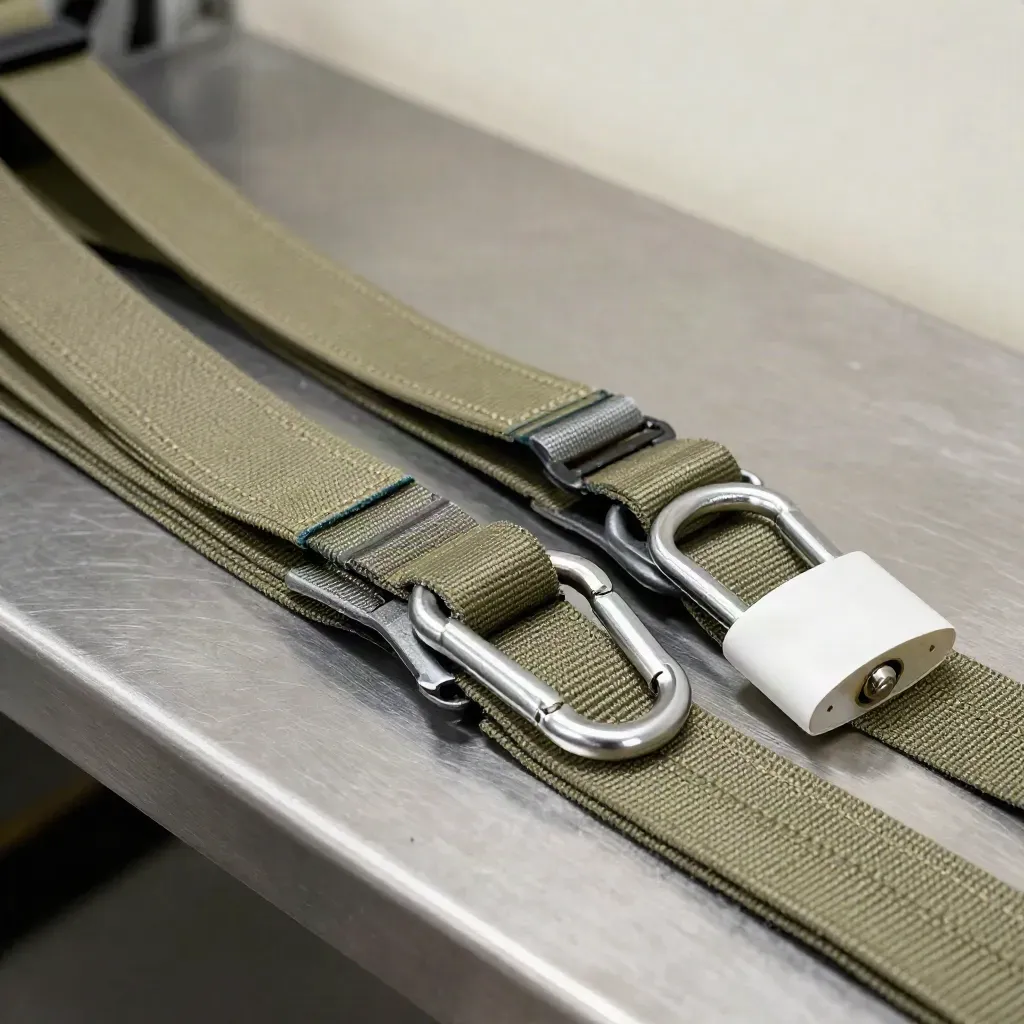 Safety harness webbing, carabiners and a white lockout padlock in a turbine service close-up.