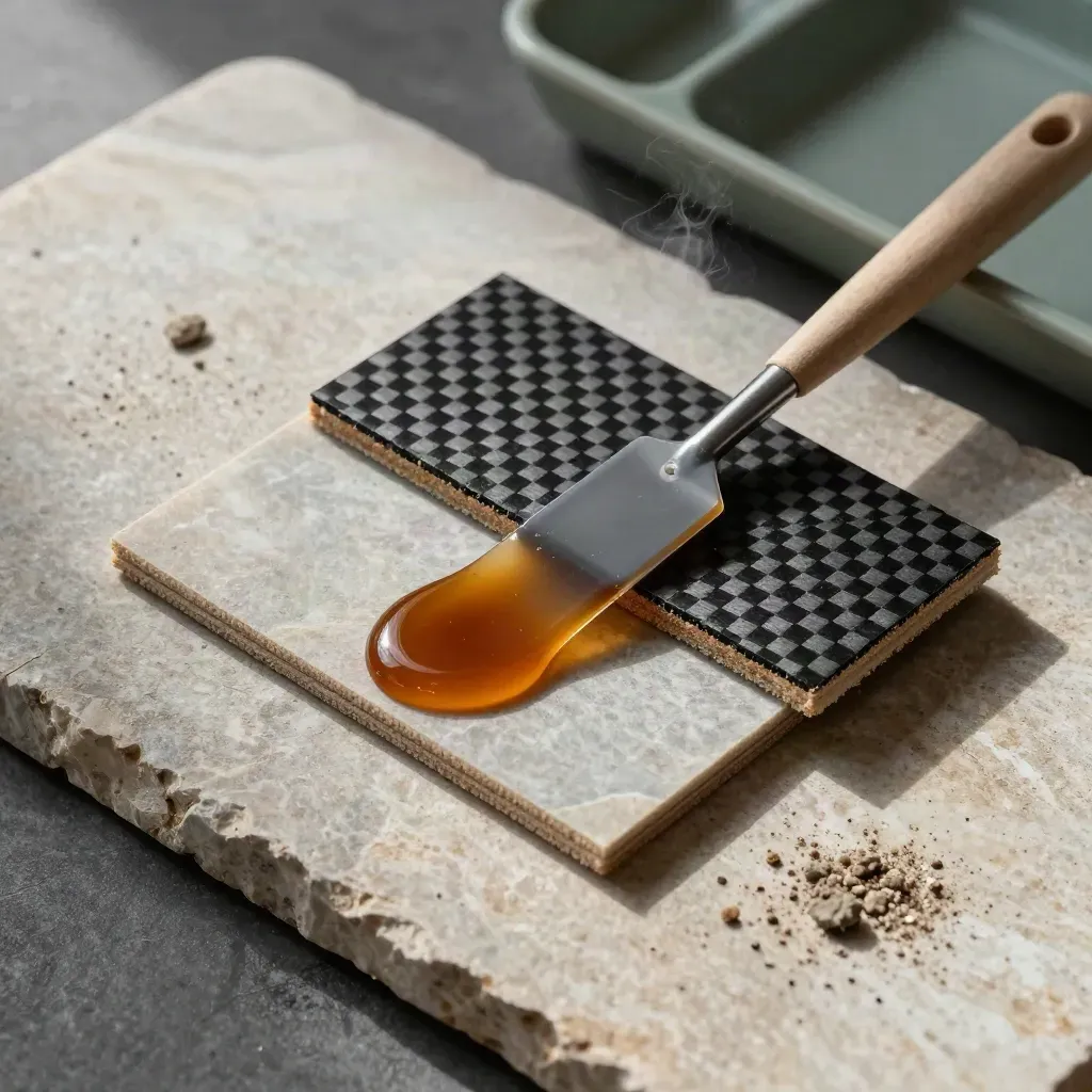 Resin ribbons, mixing paddle, and composite repair sample on a stone slab