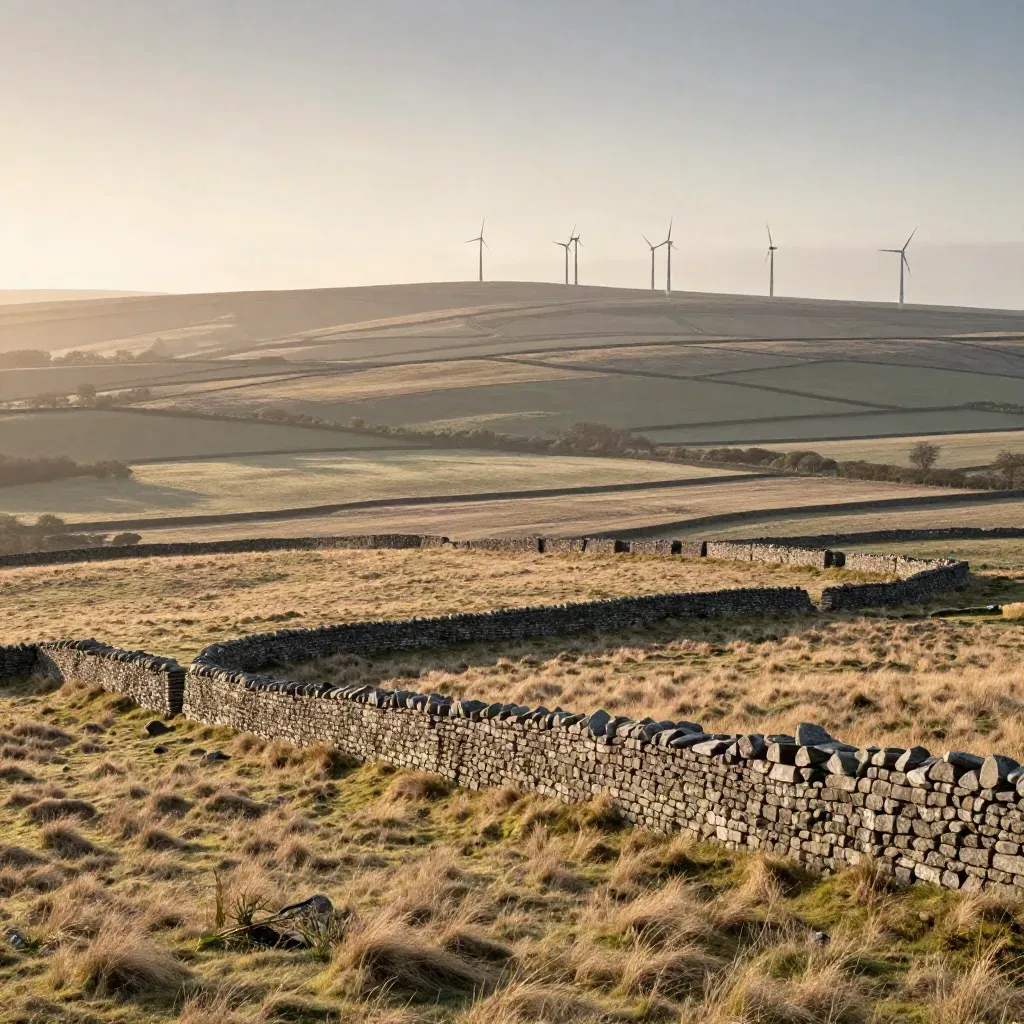 Golden Yorkshire Wolds pasture with dry stone walls, distant turbines, and warm evening haze.
