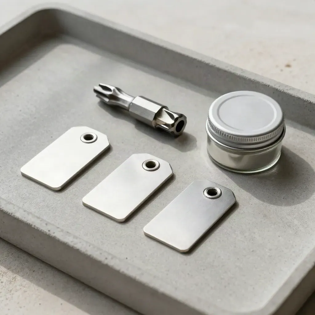 Overhead flatlay of repair tags, torque bits and a sealed sample jar on a concrete tray.