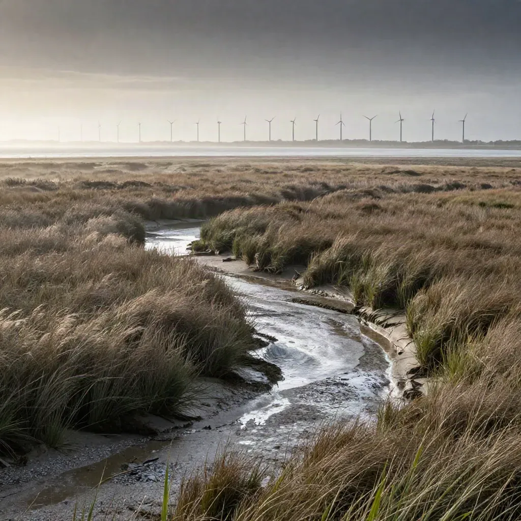East Anglia saltmarsh, reedbeds and distant turbines in evening haze beneath a high horizon.