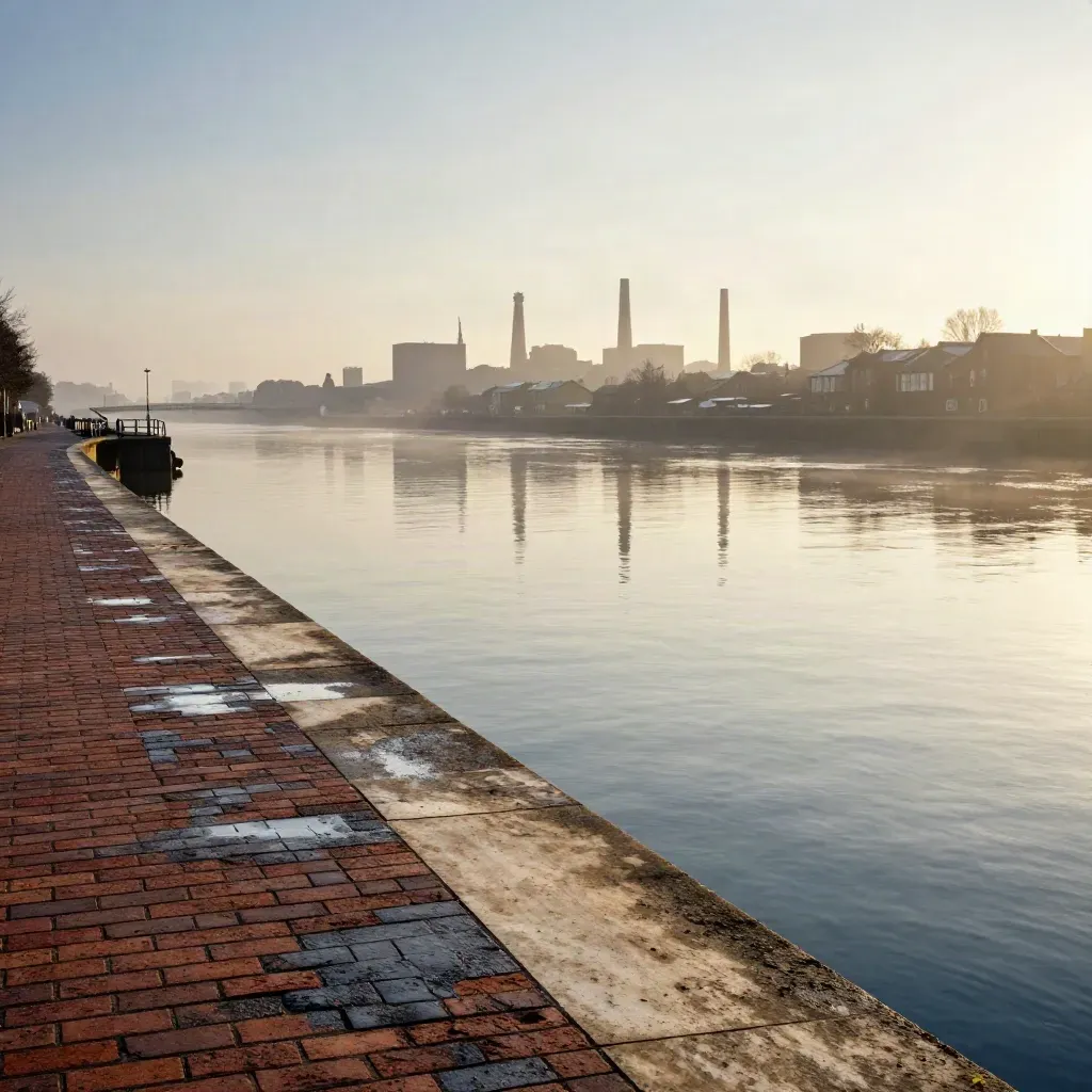 Misty Liverpool waterfront bricks, canal water and distant Pennines above a calm copy zone