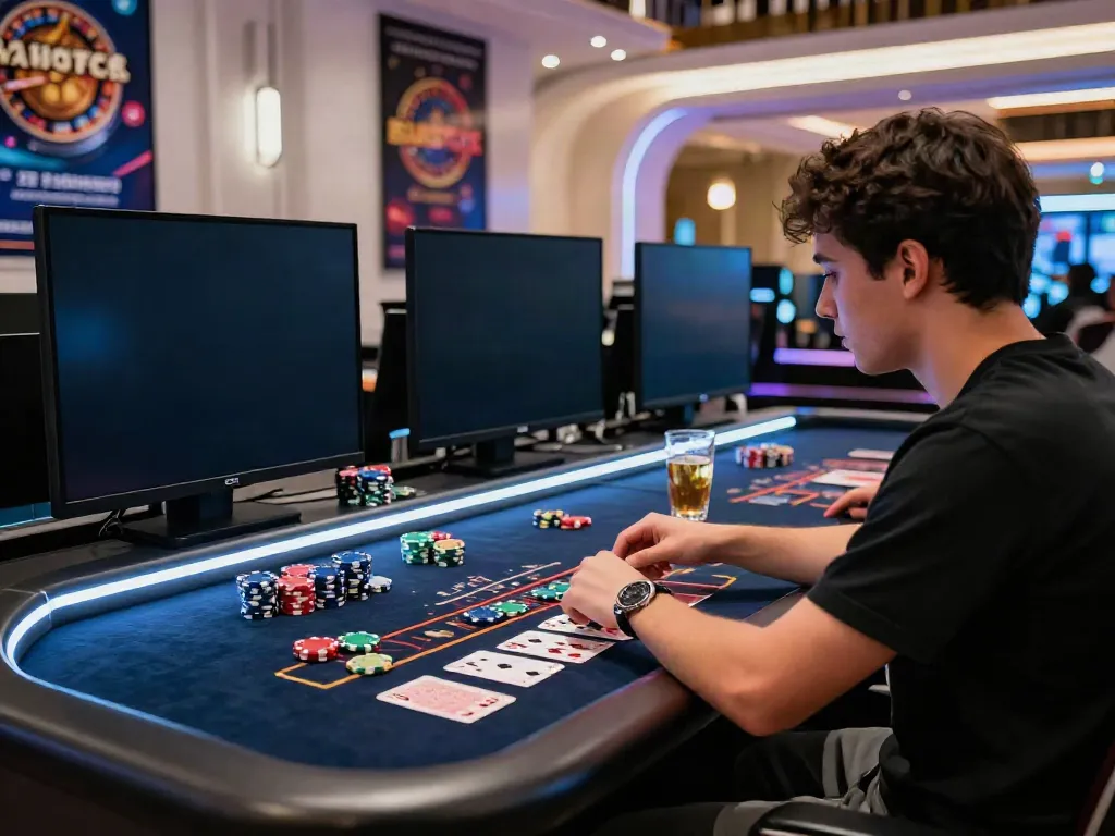 Player at vin88 engaged in an exciting online casino game, showcasing chips and cards.