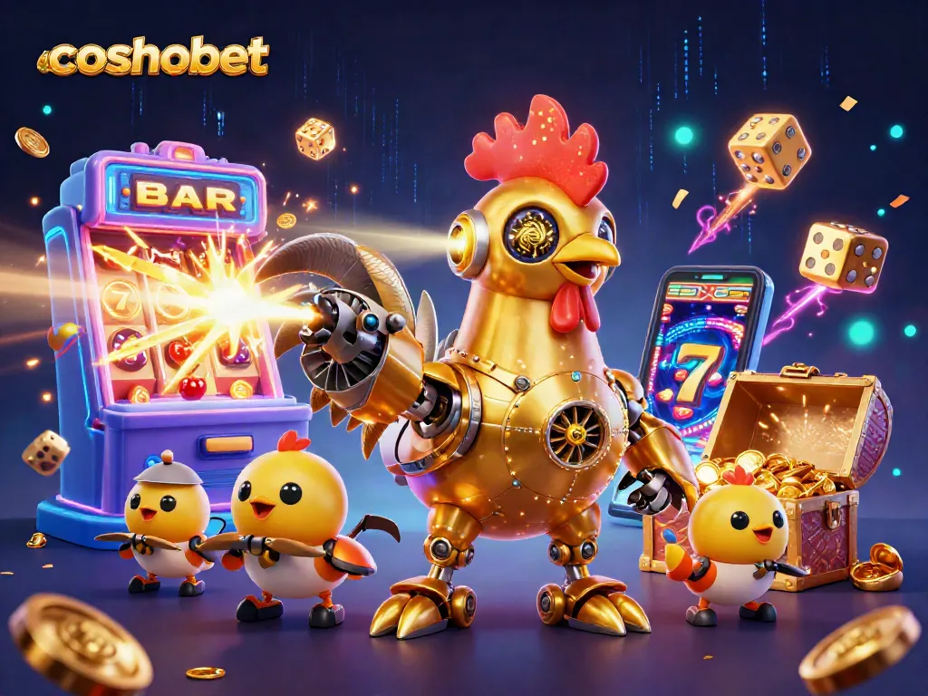 Experience the exciting Cosmobet casino world with vibrant 3D illustration of a golden robot and slot machines.