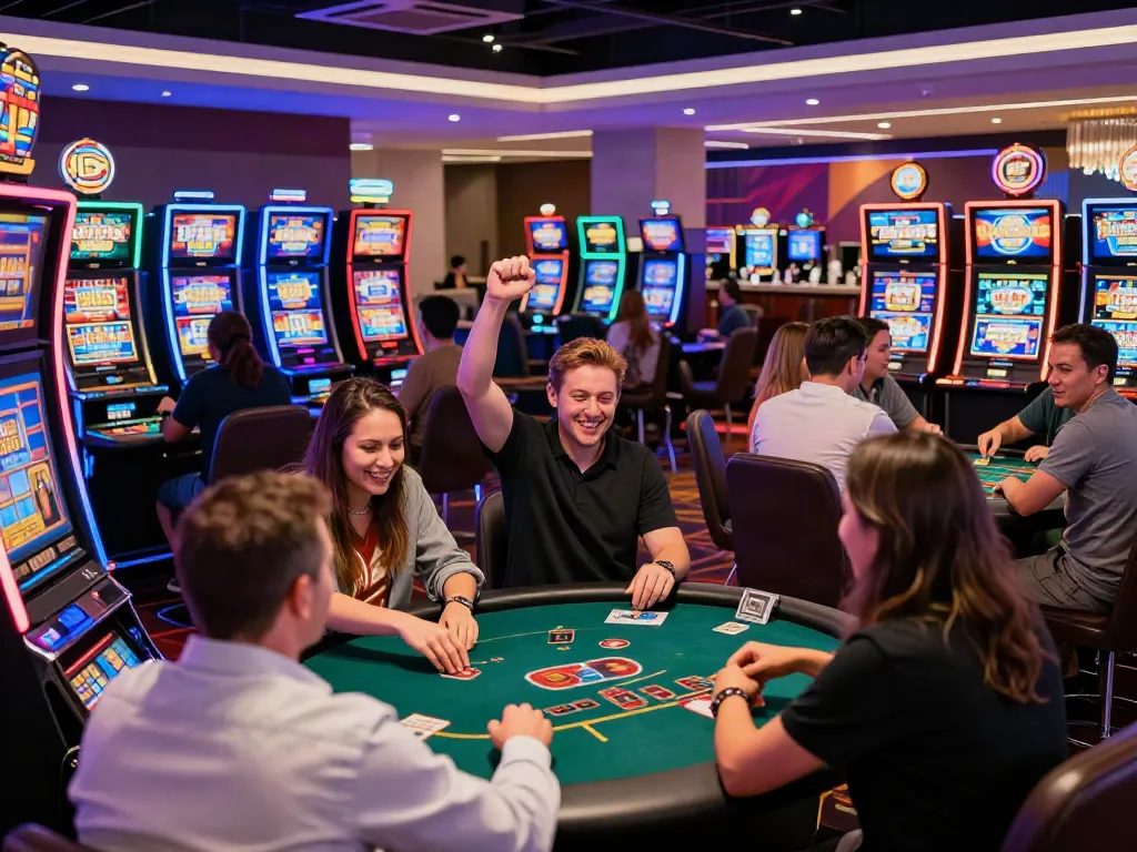 Non GamStop UK casinos lively gaming floor with diverse players celebrating wins.