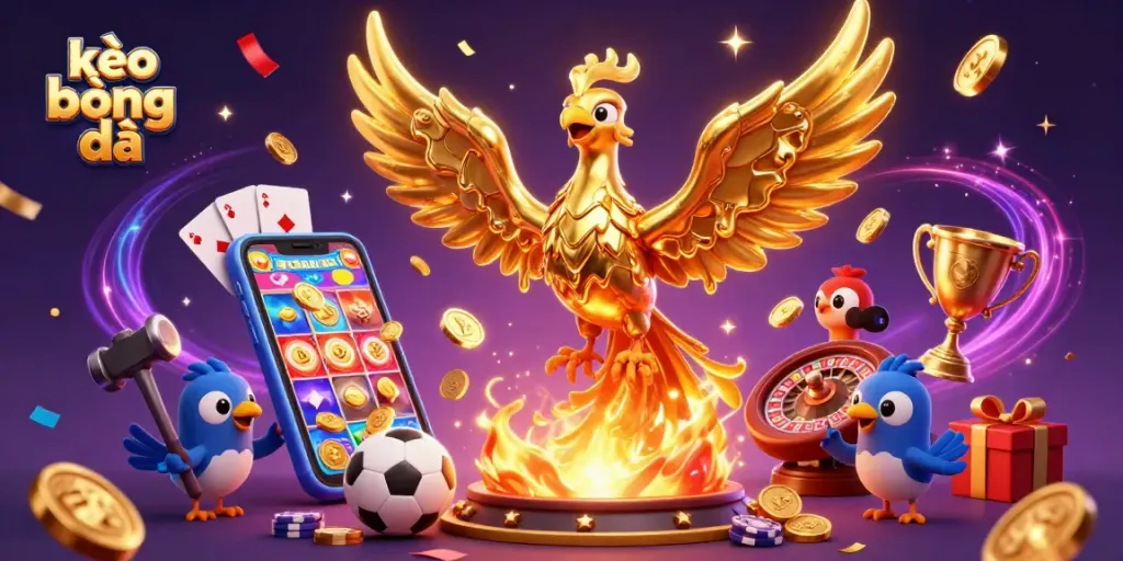 Experience thrilling kèo bóng đá action with molten gold and dynamic casino elements in a vibrant illustration.