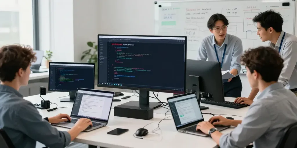 Buy .co.uk domain - Developers in a vibrant office working on domain registration solutions.